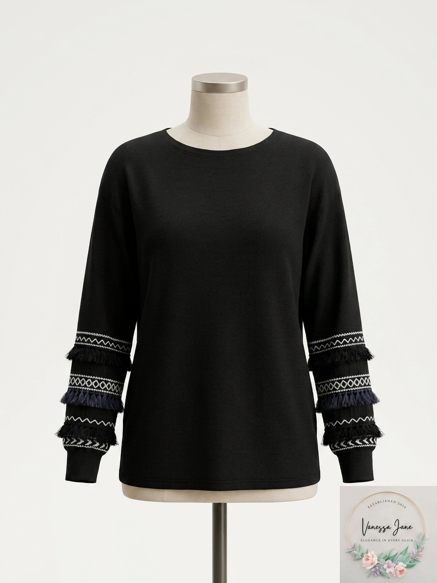 STYLE & CO Womens Black Fringe Banded Long Sleeve Crew Neck Sweater, Medium
