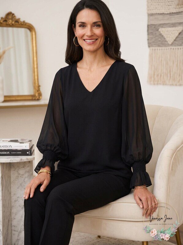 Msk Womens Black Sheer Lined Smocked Cuff Balloon Sleeve V Neck Top, Size Large
