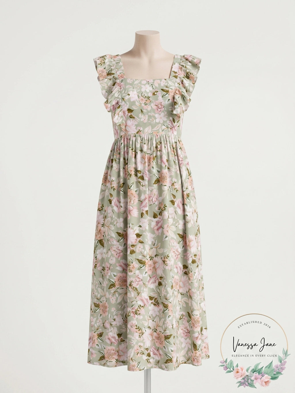 En Saison Maris Floral a-Line Dress in Sage, Size Medium