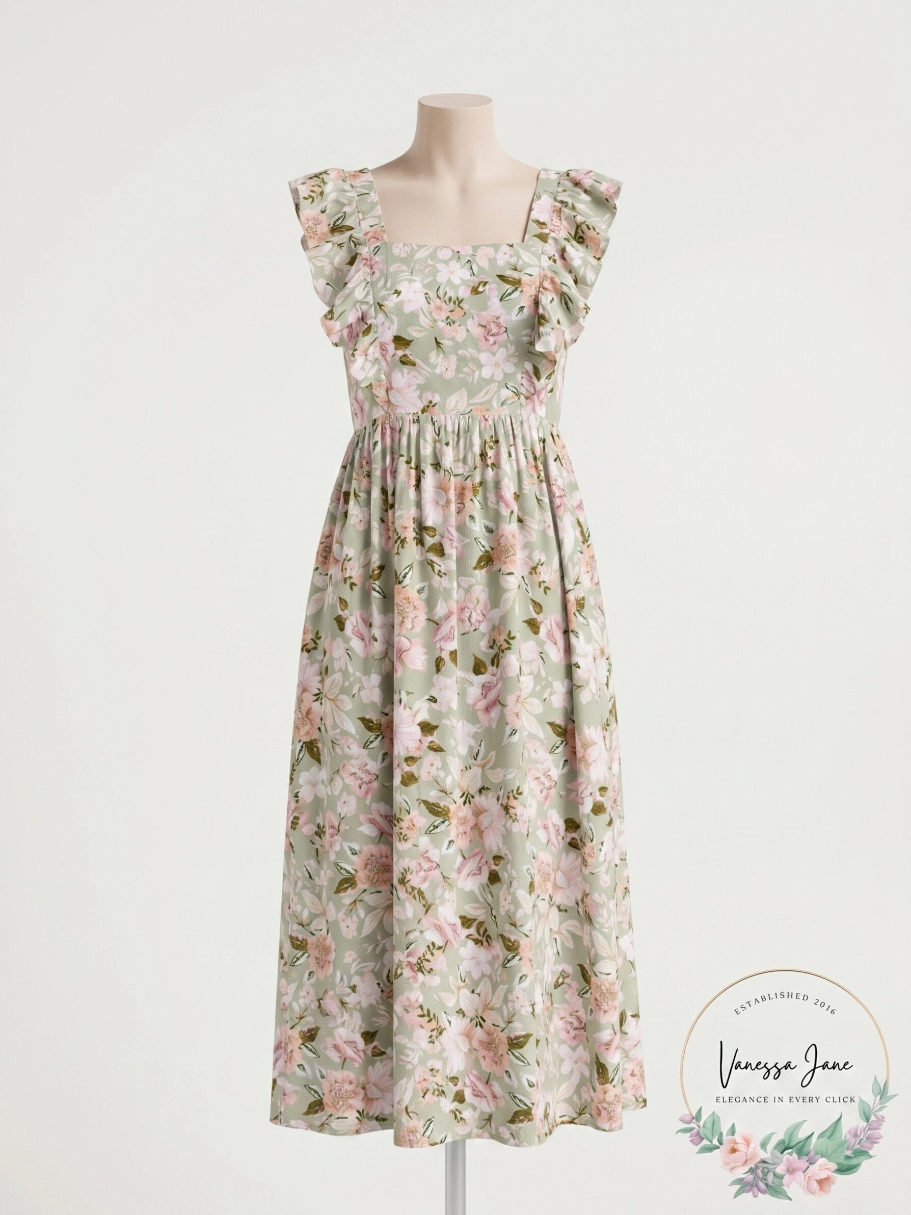 En Saison Maris Floral a-Line Dress in Sage, Size Medium