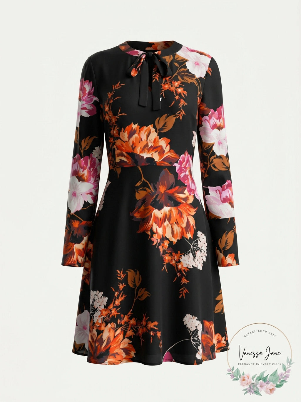 ECI Tie Neck Printed Floral Chiffon Fit and Flare Dress, Size 8
