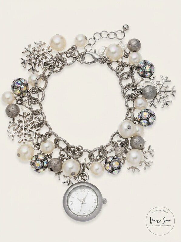 Holiday Lane Womens Snowflake Silver-Tone Charm Bracelet Watch 26mm