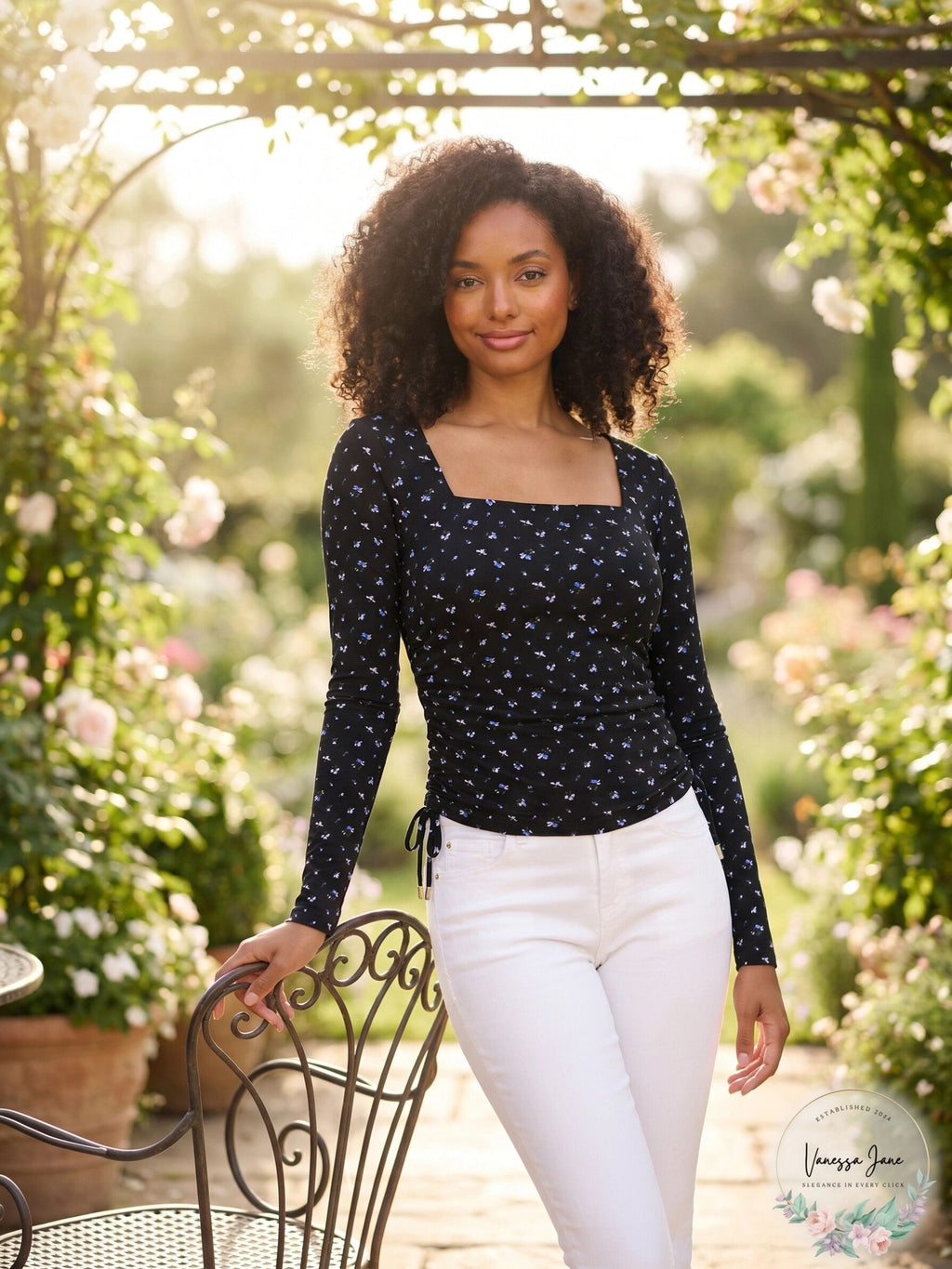 Michael Michael Kors Floral Square Neck Ruched Long Sleeve Top