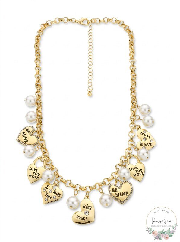 Holiday Lane Gold-Tone Pave Valentine Heart and Imitation Pearl Charm Necklace