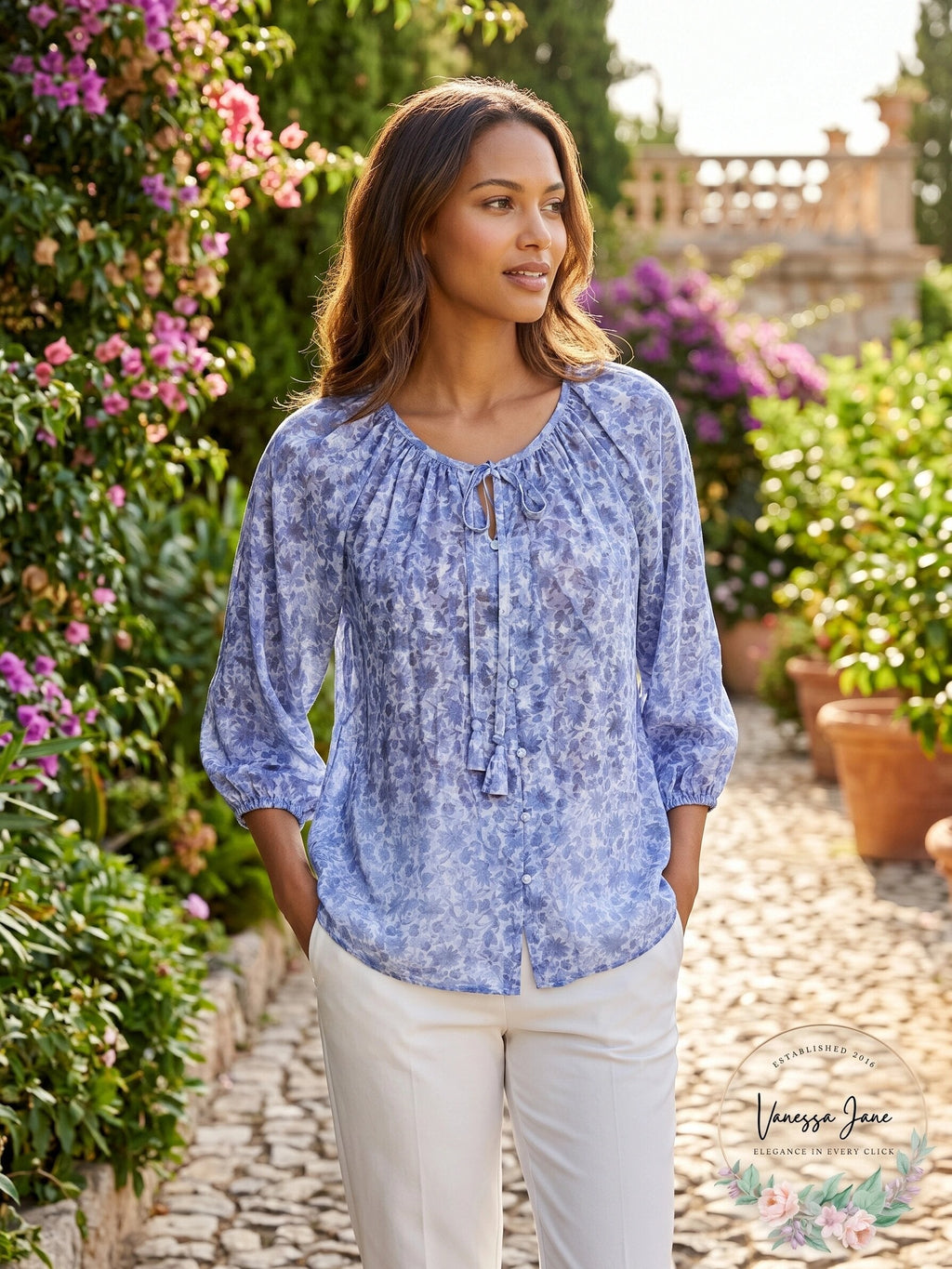 Cupio Womens 3/4 Sleeve Tie Neck Peasant Blouse