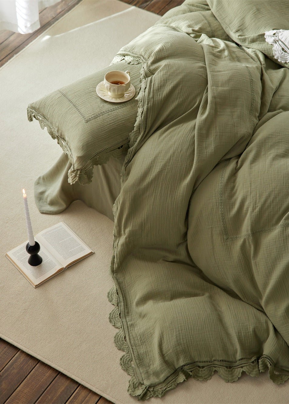 Isadora Lace Ruffle Double Gauze Bedding Set / Brown