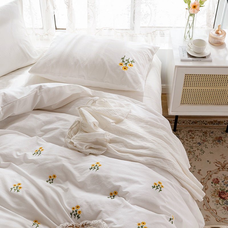 Isla White Floral Embroidered Bedding Set / Sunflower