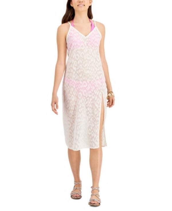Miken Swim Womens Textured Slit Dress Deep V Neck Metallic