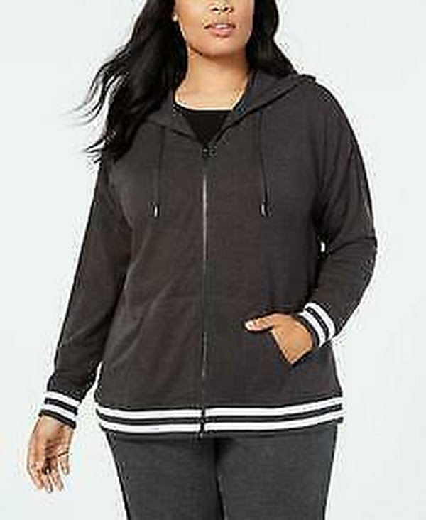 Ideology Women's Plus Varsity Stripe Heathered Hooded Jacket