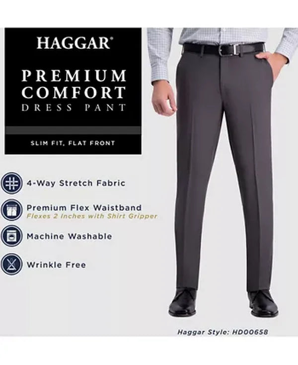 HAGGAR Mens Premium Comfort Slim-Fit Stretch Flat-Front Dress Pants,33WX32L/Blue