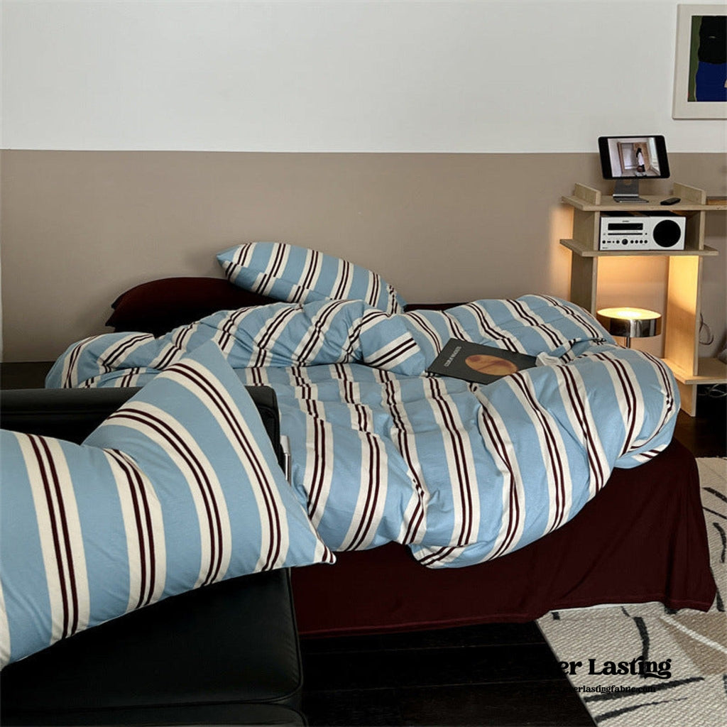 Jersey Knit Retro Stripe Bedding Set / Blue + Burgundy