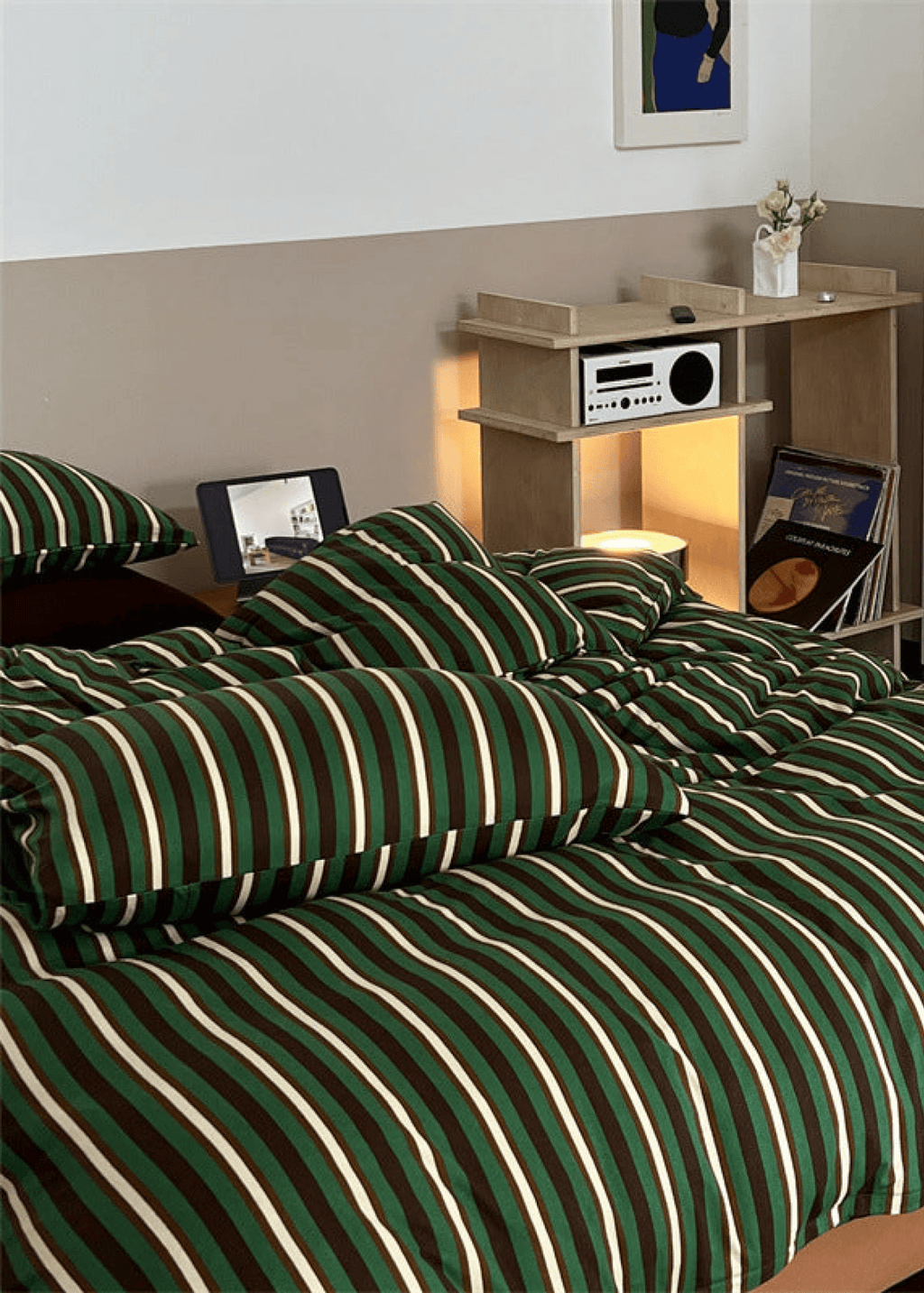 Jersey Knit Retro Stripe Bedding Set / Blue + Burgundy