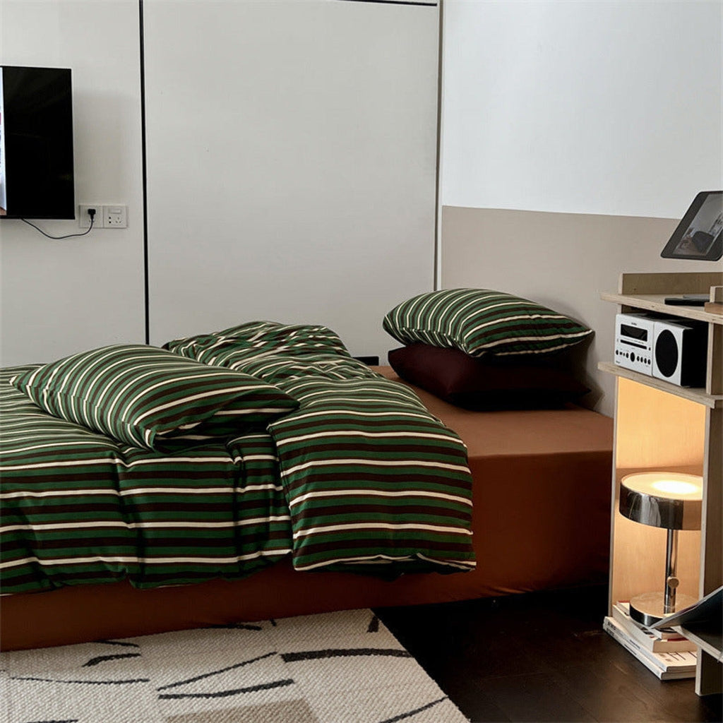 Jersey Knit Retro Stripe Bedding Set / Green + Brown