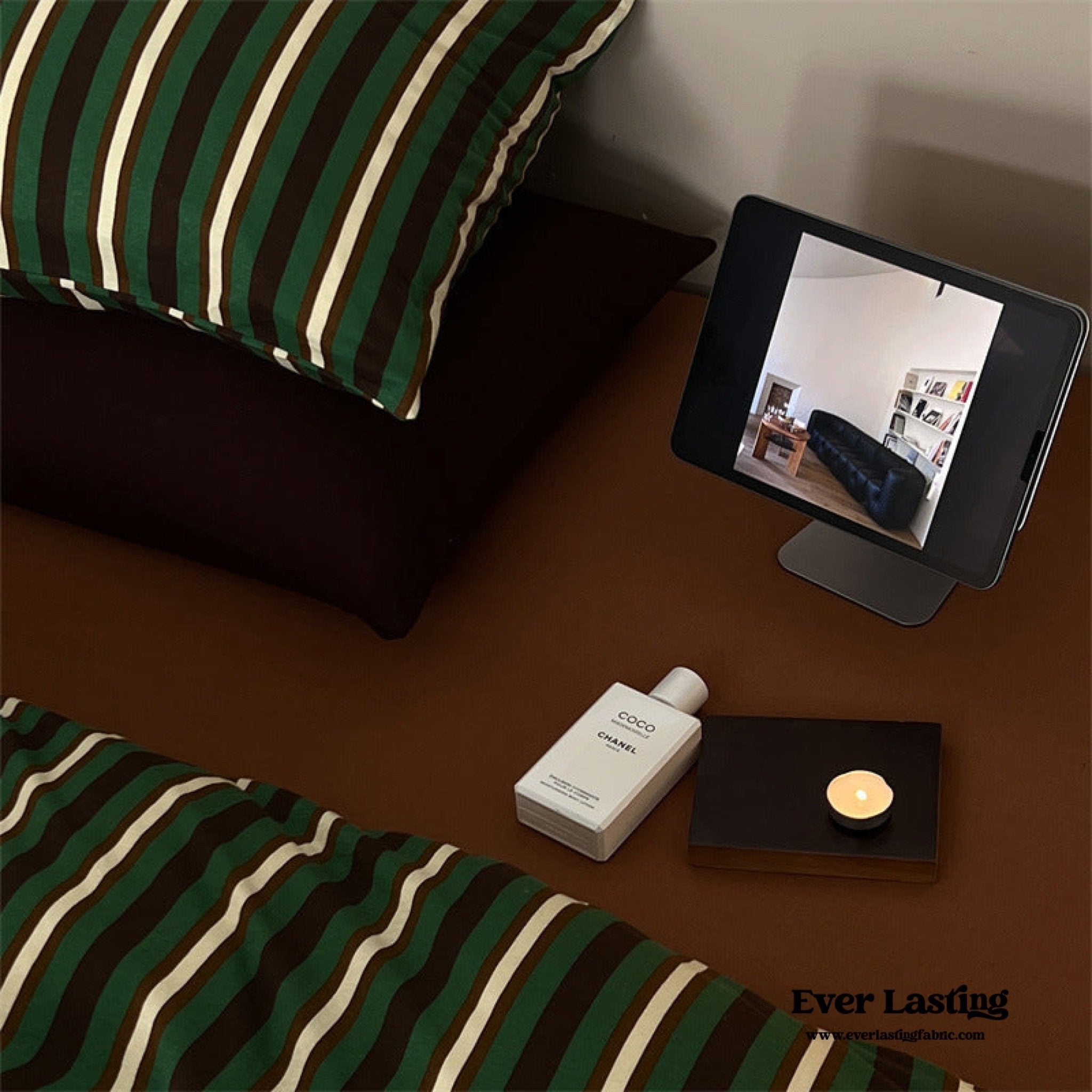 Jersey Knit Retro Stripe Bedding Set / Green + Brown