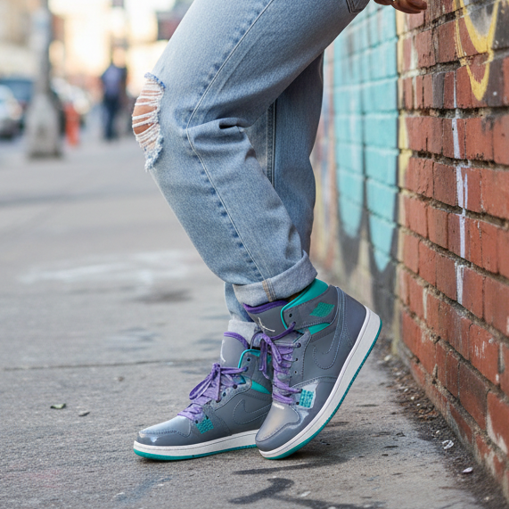 Nike Air Jordan 1 Flight Mid – Cool Grey, Teal & Purple Jumpman Sneakers