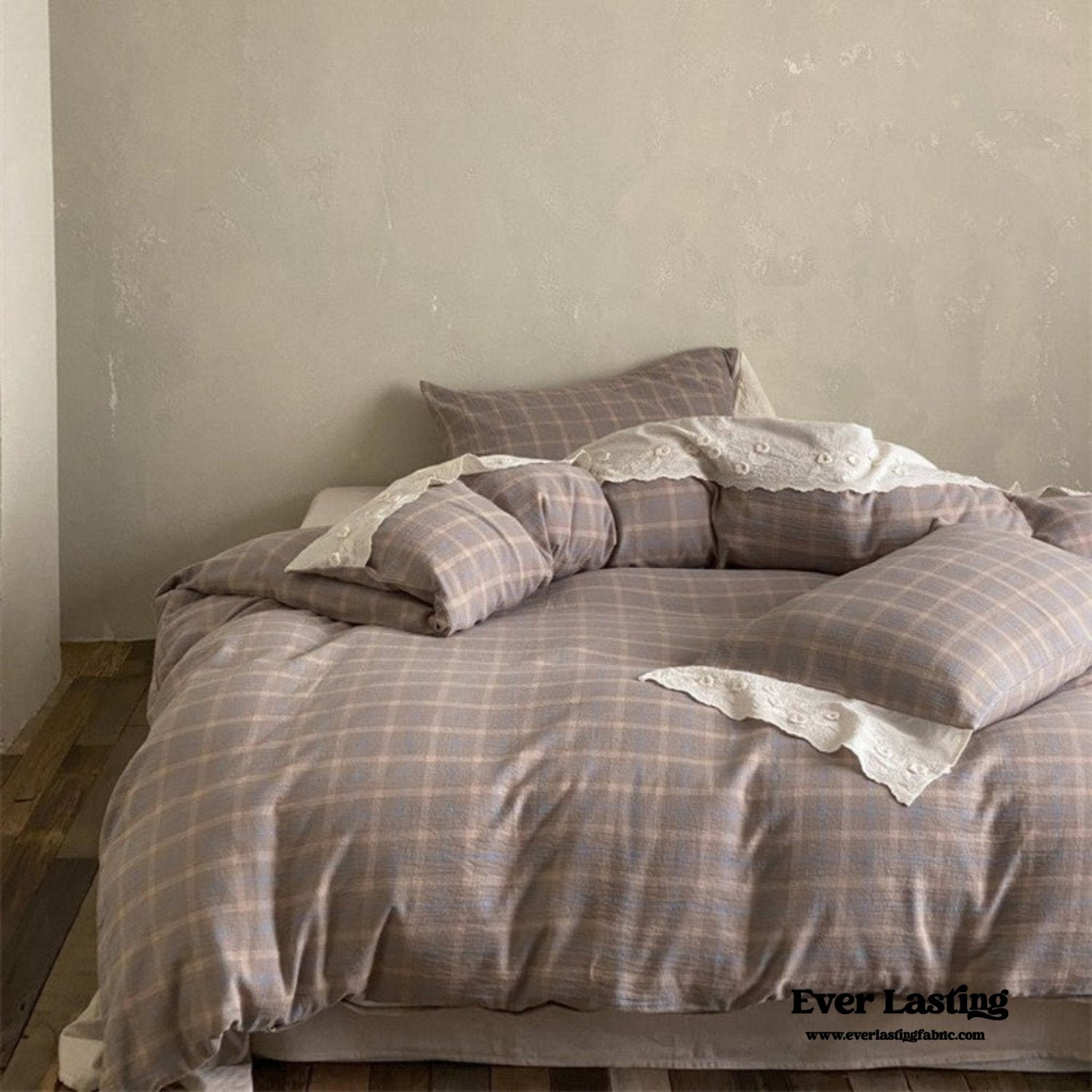 June Lace Double Gauze Gingham Bedding Set / Brown