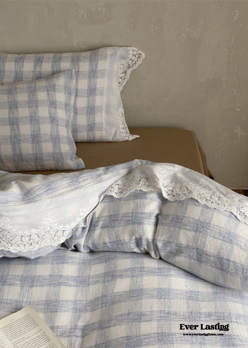 June Lace Double Gauze Gingham Bedding Set / Brown