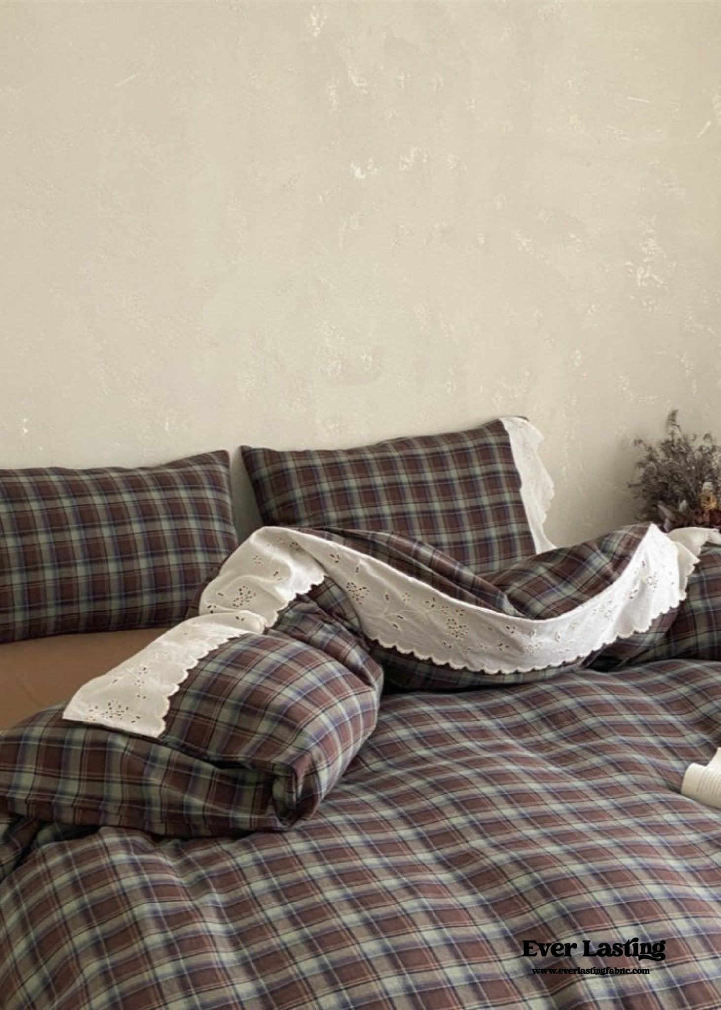 June Lace Double Gauze Gingham Bedding Set / Brown