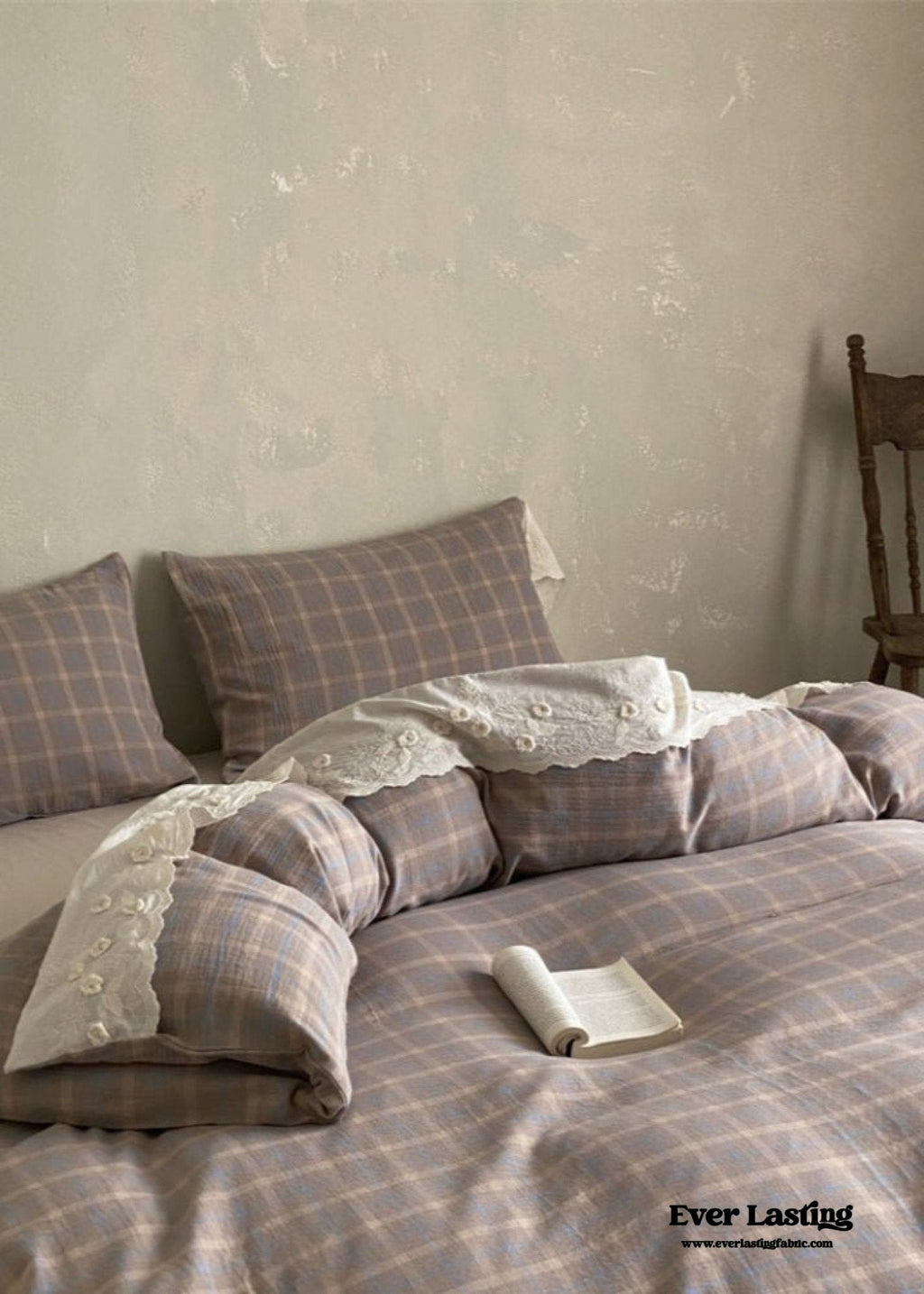 June Lace Double Gauze Gingham Bedding Set / Brown