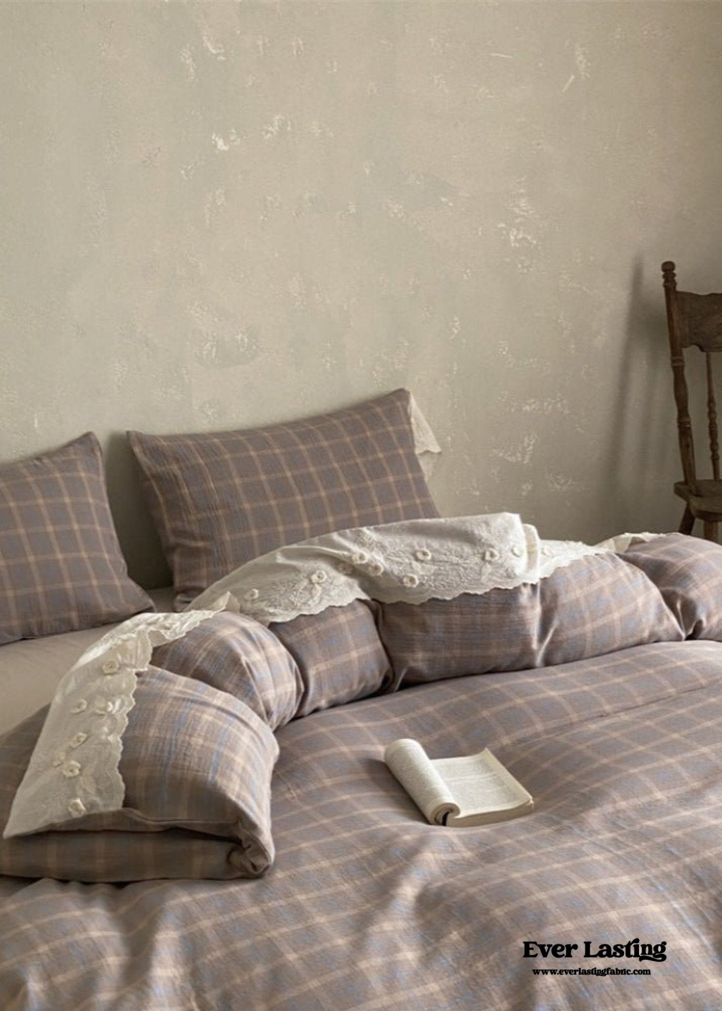 June Lace Double Gauze Gingham Bedding Set / Brown