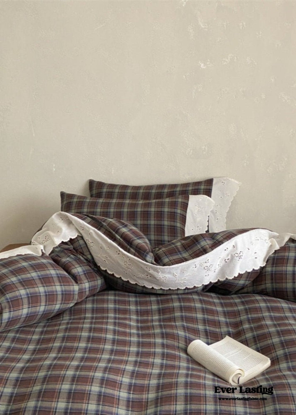 June Lace Double Gauze Gingham Bedding Set / Brown