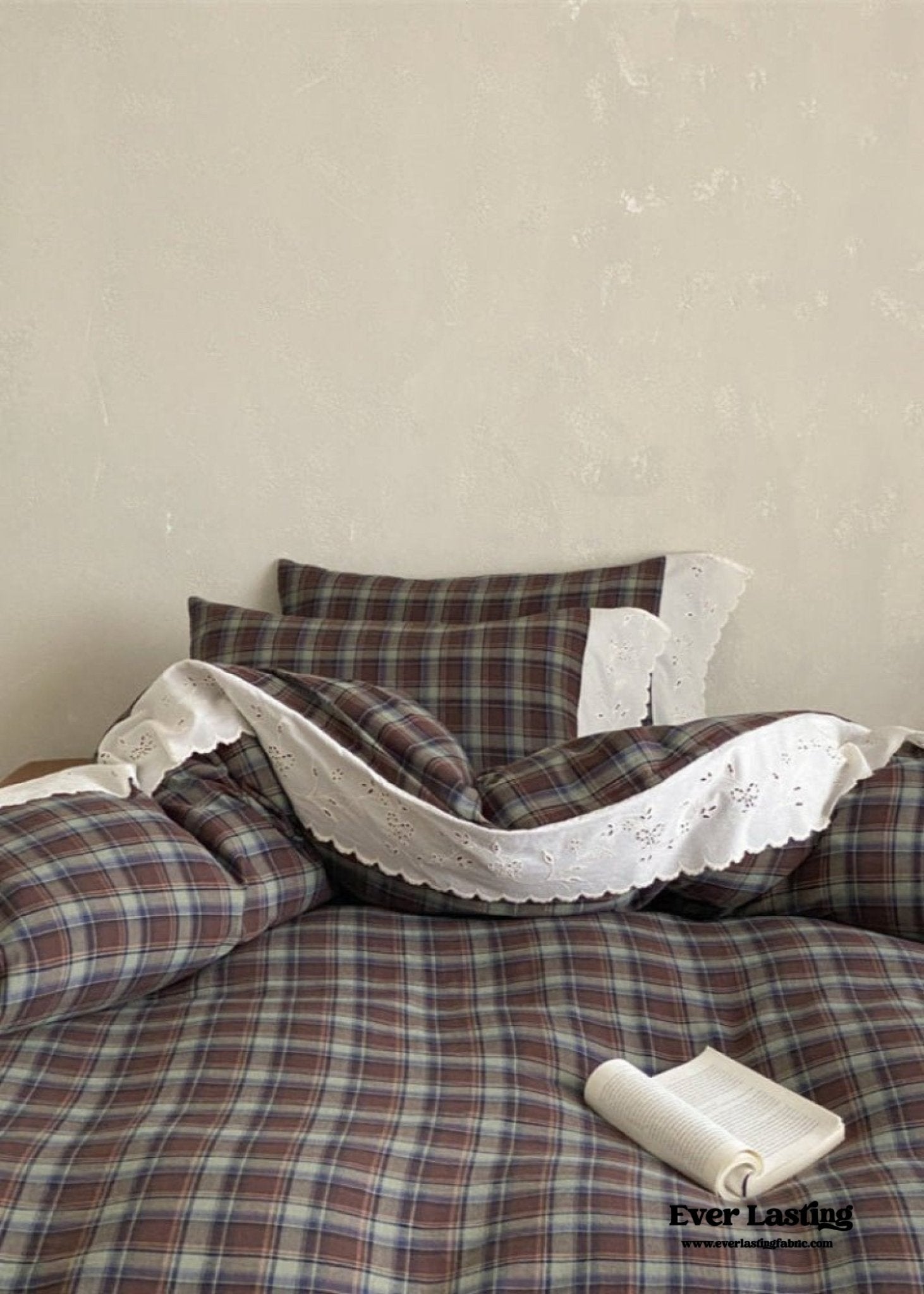 June Lace Double Gauze Gingham Bedding Set / Brown