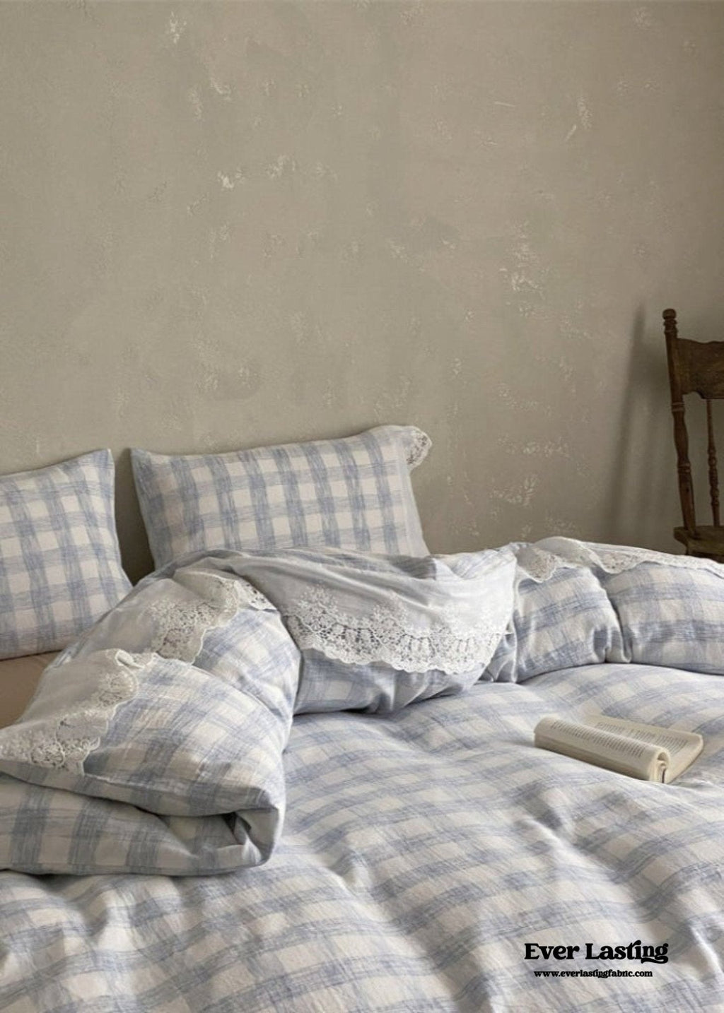 June Lace Double Gauze Gingham Bedding Set / Brown