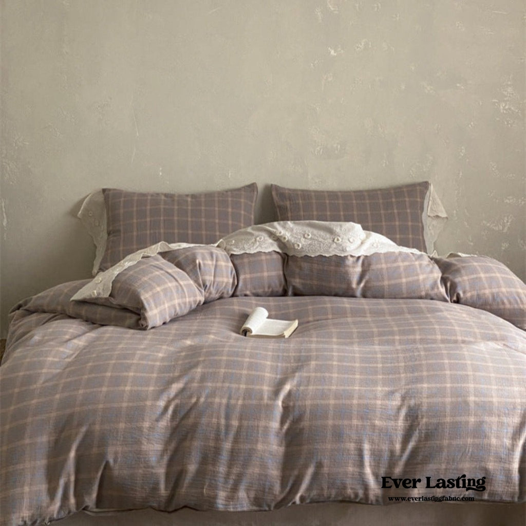 June Lace Double Gauze Gingham Bedding Set / Brown