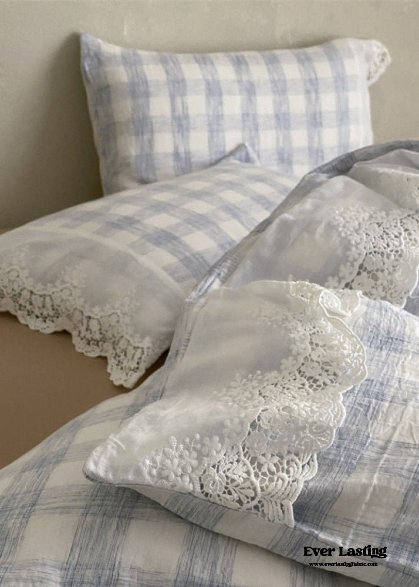 June Lace Double Gauze Gingham Bedding Set / Brown