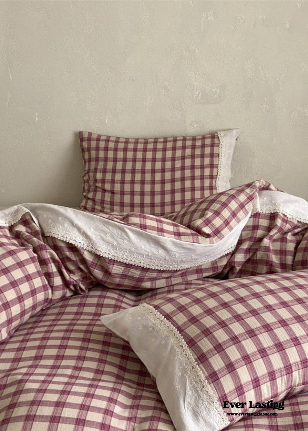 June Lace Double Gauze Gingham Bedding Set / Brown
