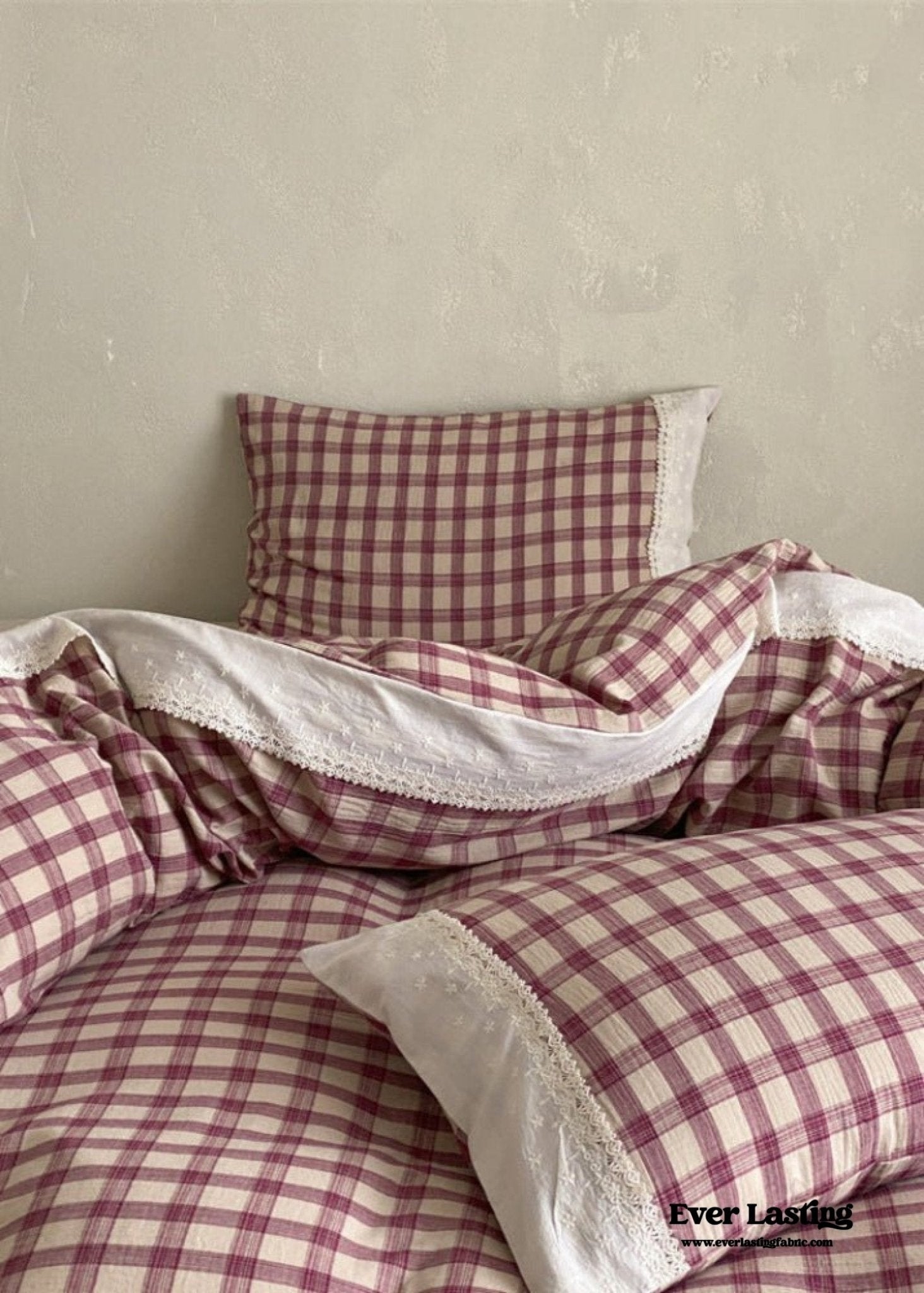 June Lace Double Gauze Gingham Bedding Set / Brown