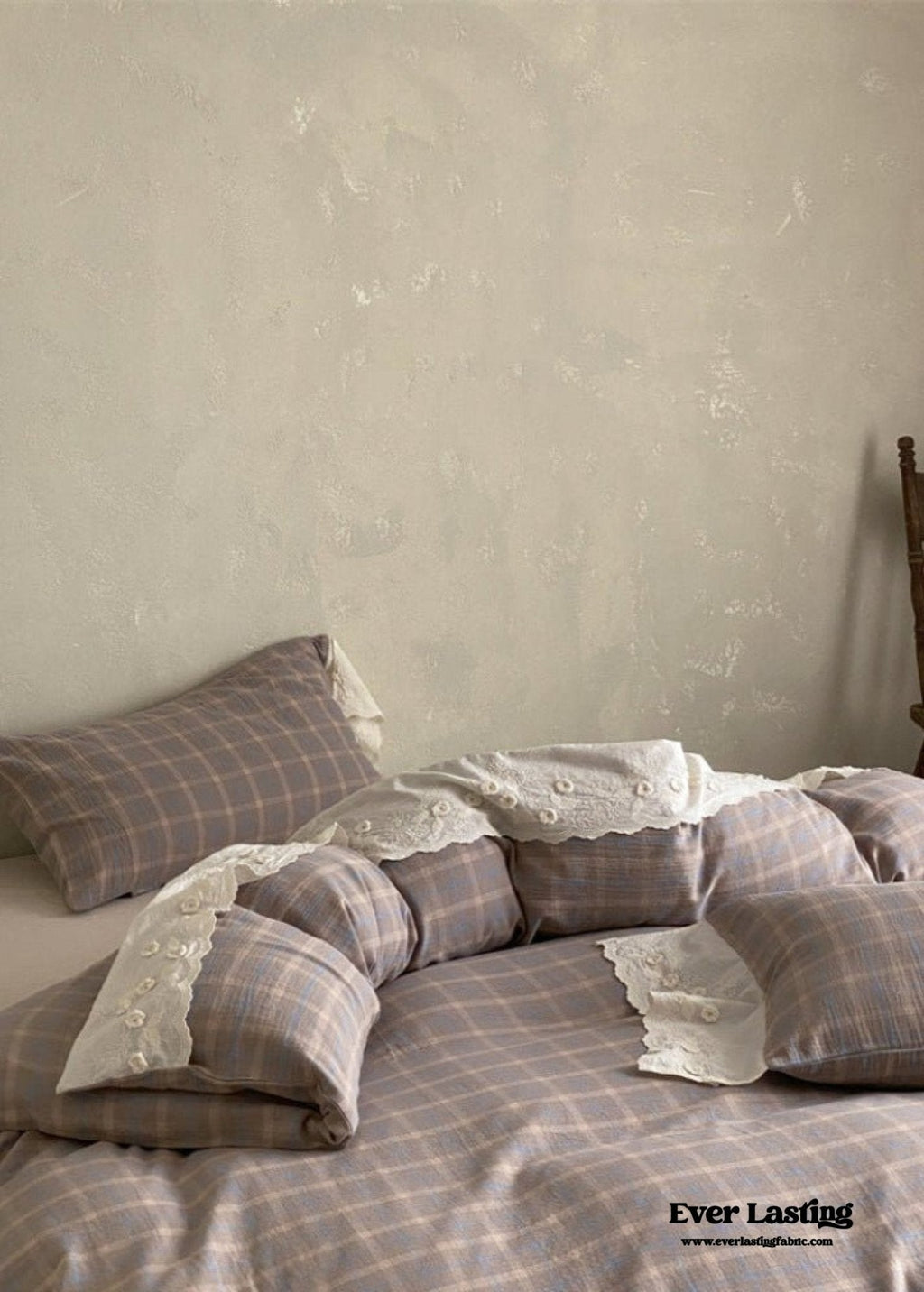June Lace Double Gauze Gingham Bedding Set / Brown