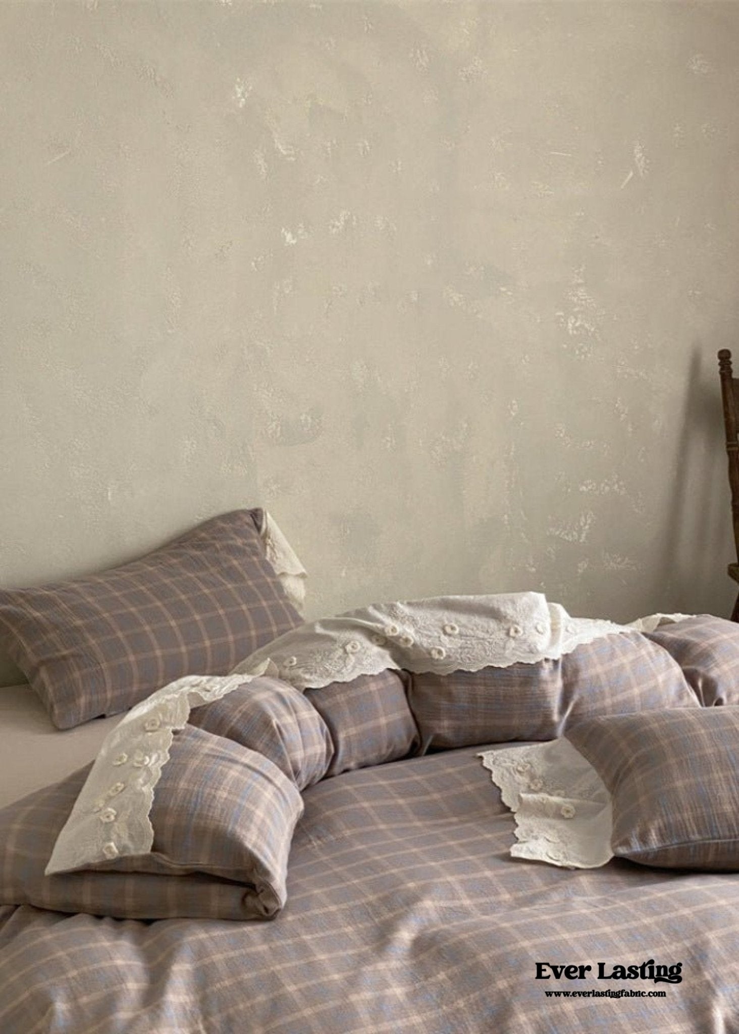 June Lace Double Gauze Gingham Bedding Set / Brown