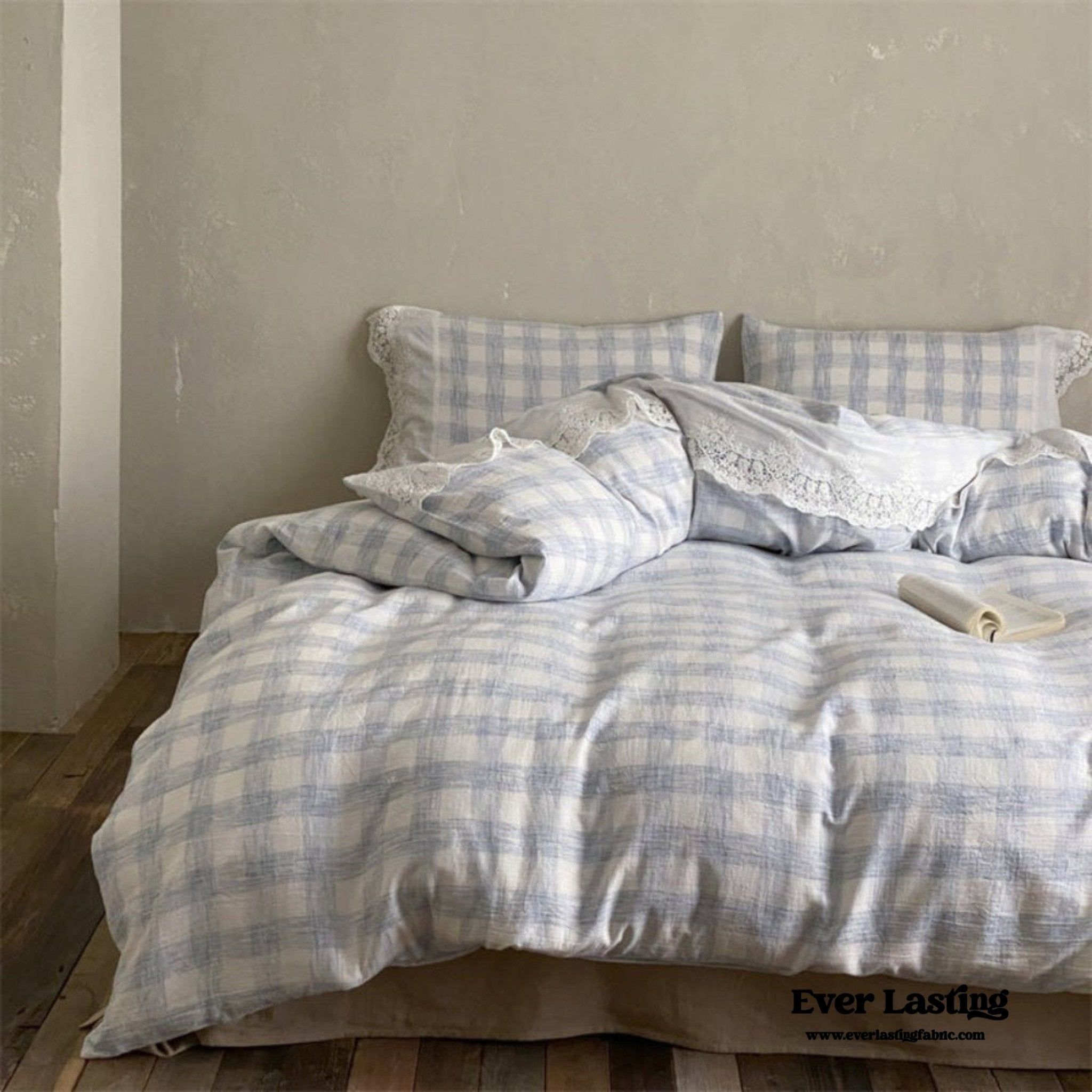 June Lace Double Gauze Gingham Bedding Set / Brown