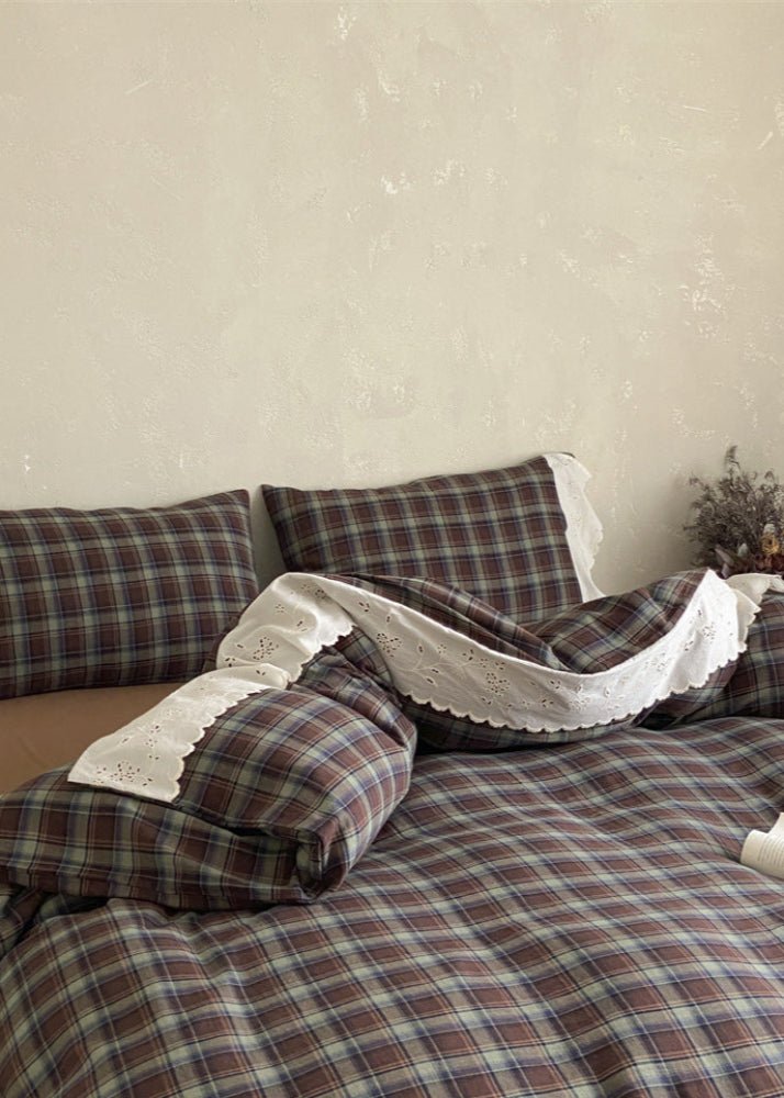 June Lace Double Gauze Gingham Bedding Set / Blue