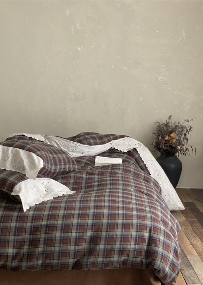 June Lace Double Gauze Gingham Bedding Set / Blue