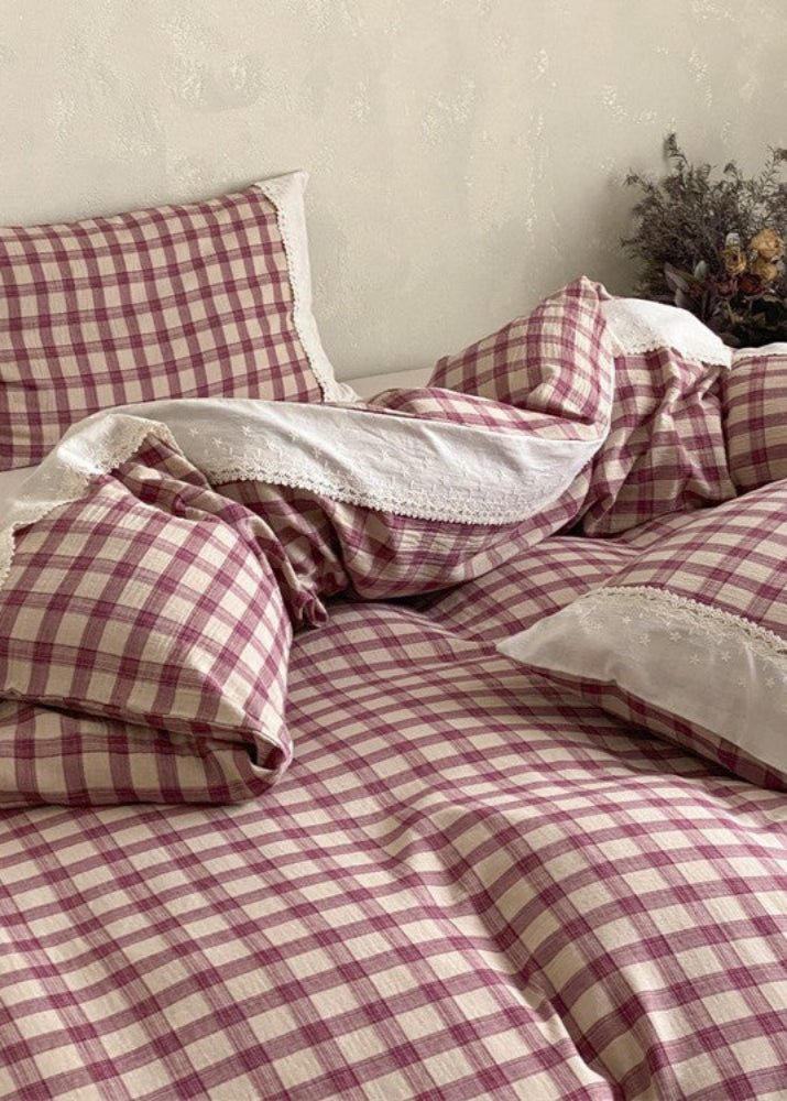 June Lace Double Gauze Gingham Bedding Set / Green