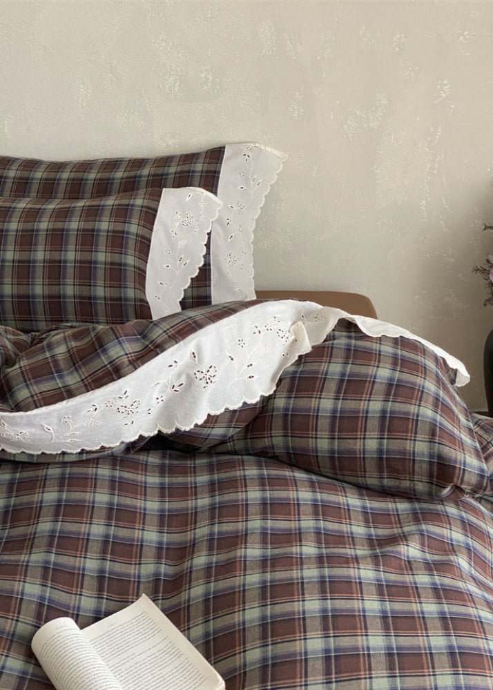 June Lace Double Gauze Gingham Bedding Set / Blue