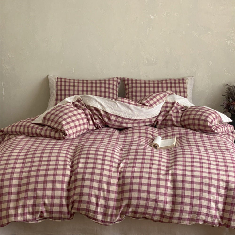 June Lace Double Gauze Gingham Bedding Set / Blue