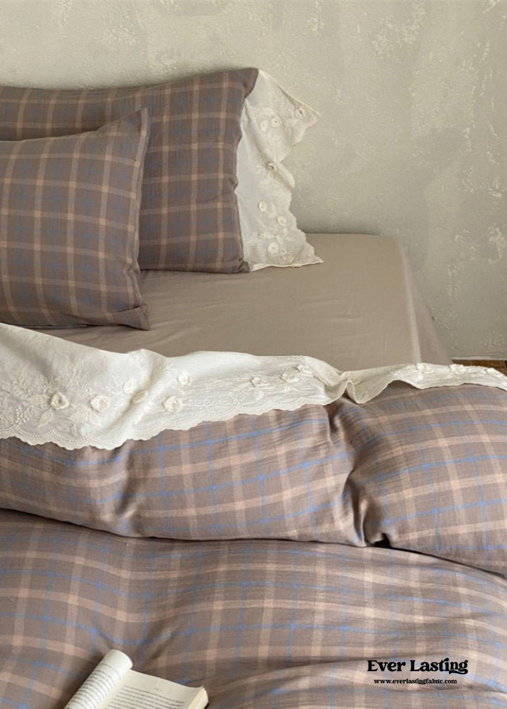 June Lace Double Gauze Gingham Bedding Set / Khaki