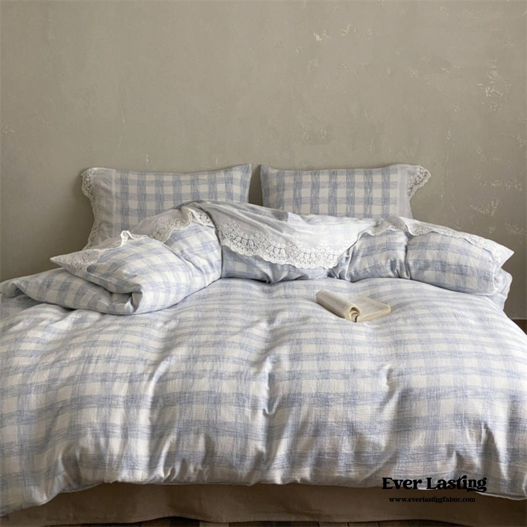 June Lace Double Gauze Gingham Bedding Set / Khaki