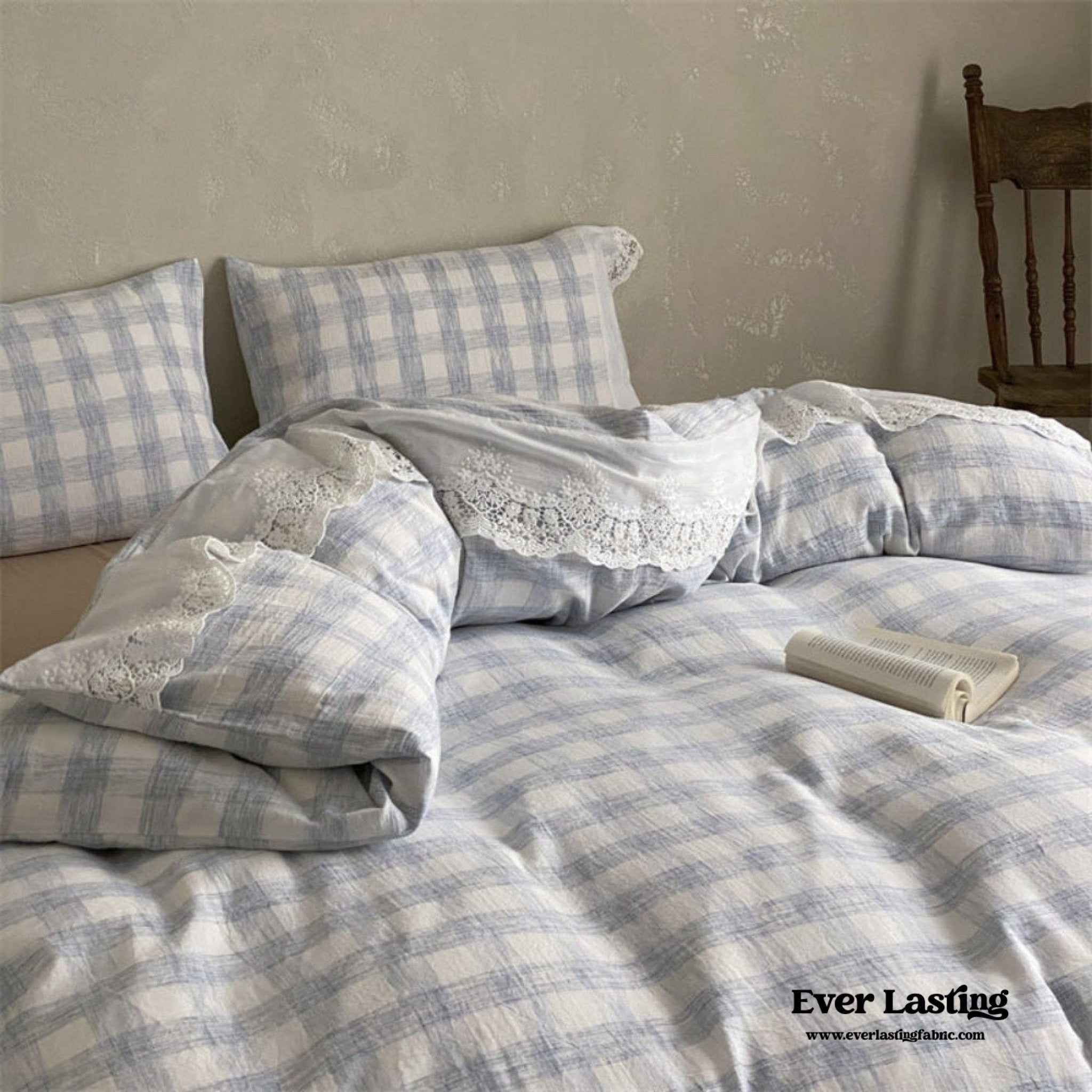 June Lace Double Gauze Gingham Bedding Set / Khaki