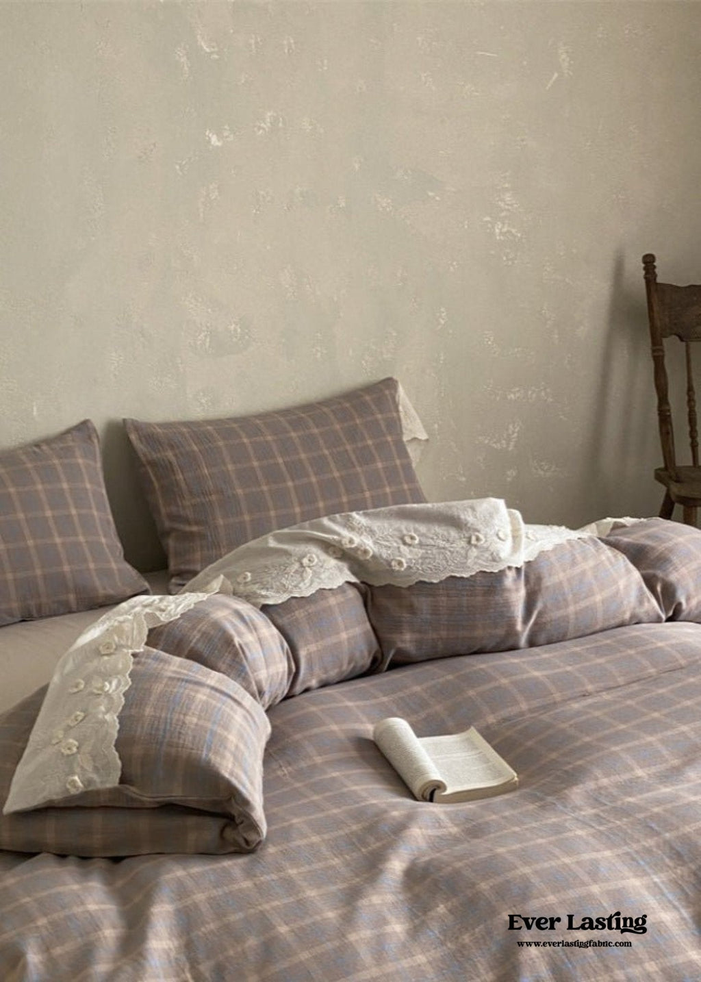 June Lace Double Gauze Gingham Bedding Set / Khaki