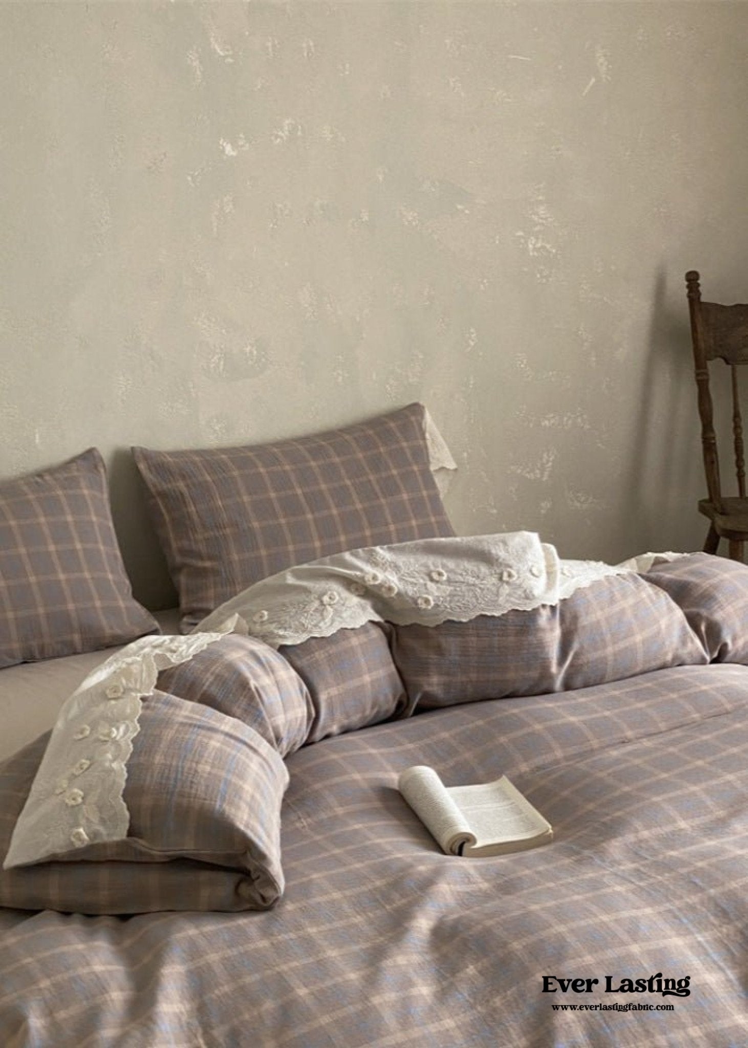 June Lace Double Gauze Gingham Bedding Set / Khaki