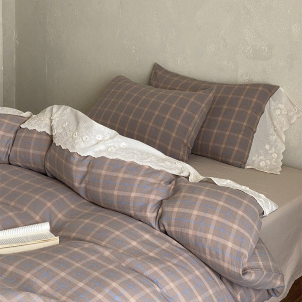 June Lace Double Gauze Gingham Bedding Set / Khaki