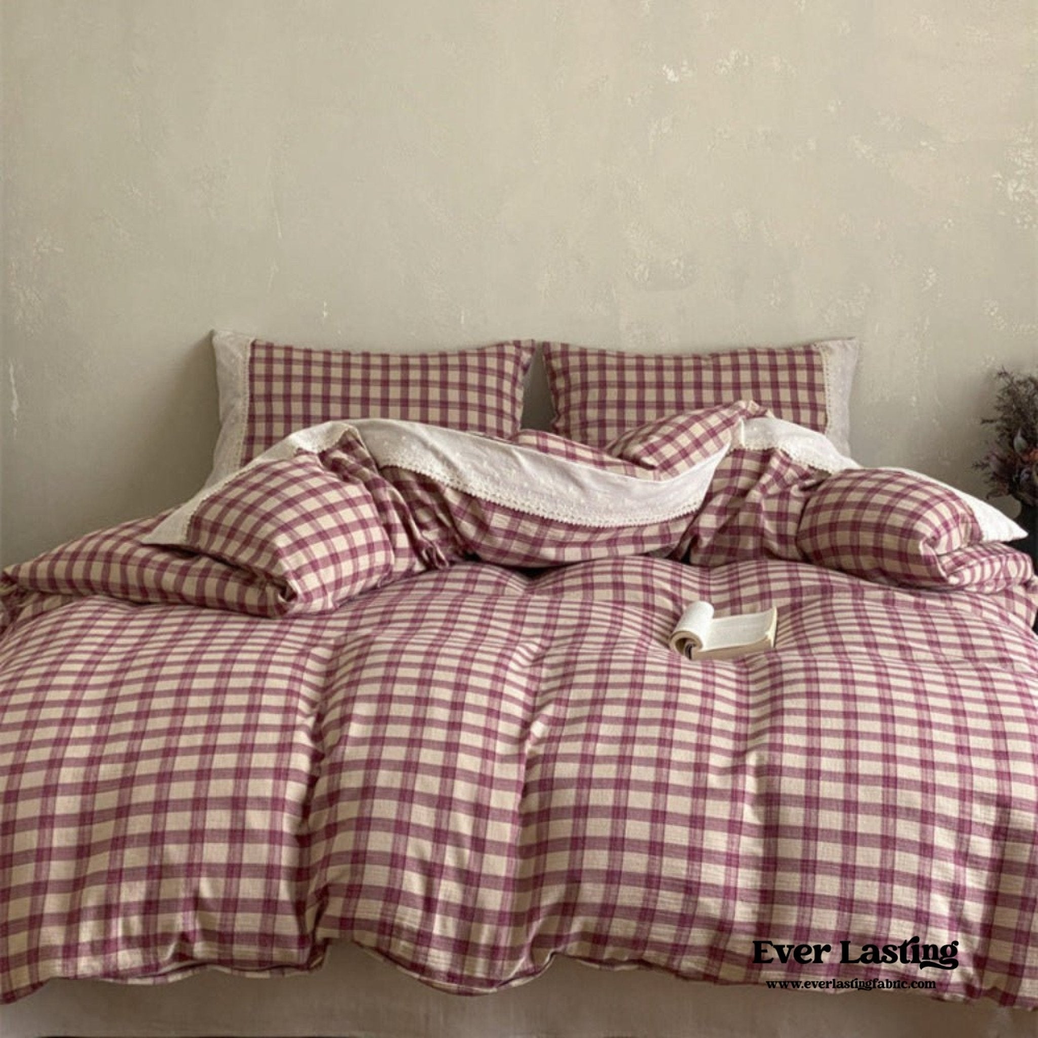 June Lace Double Gauze Gingham Bedding Set / Khaki