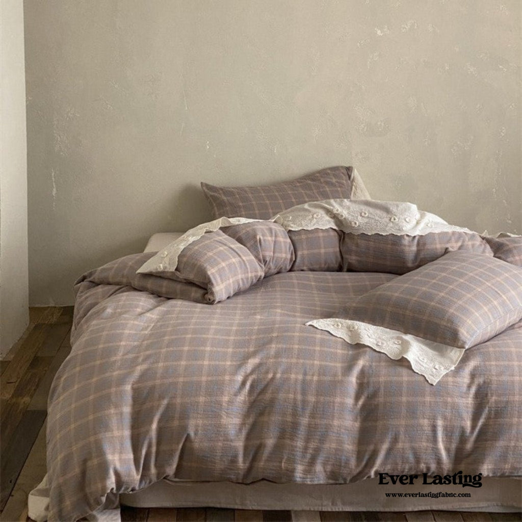 June Lace Double Gauze Gingham Bedding Set / Khaki