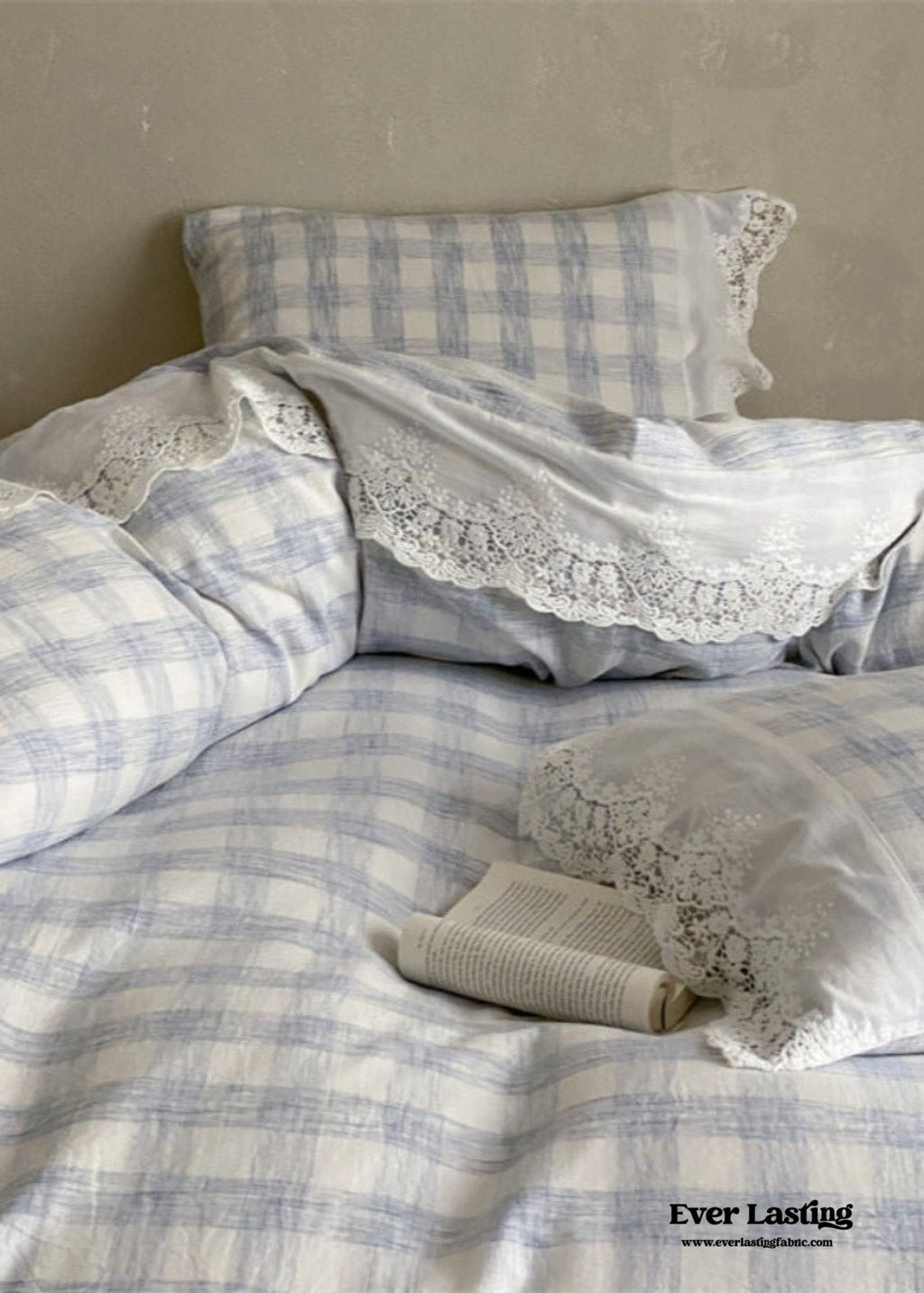 June Lace Double Gauze Gingham Bedding Set / Khaki