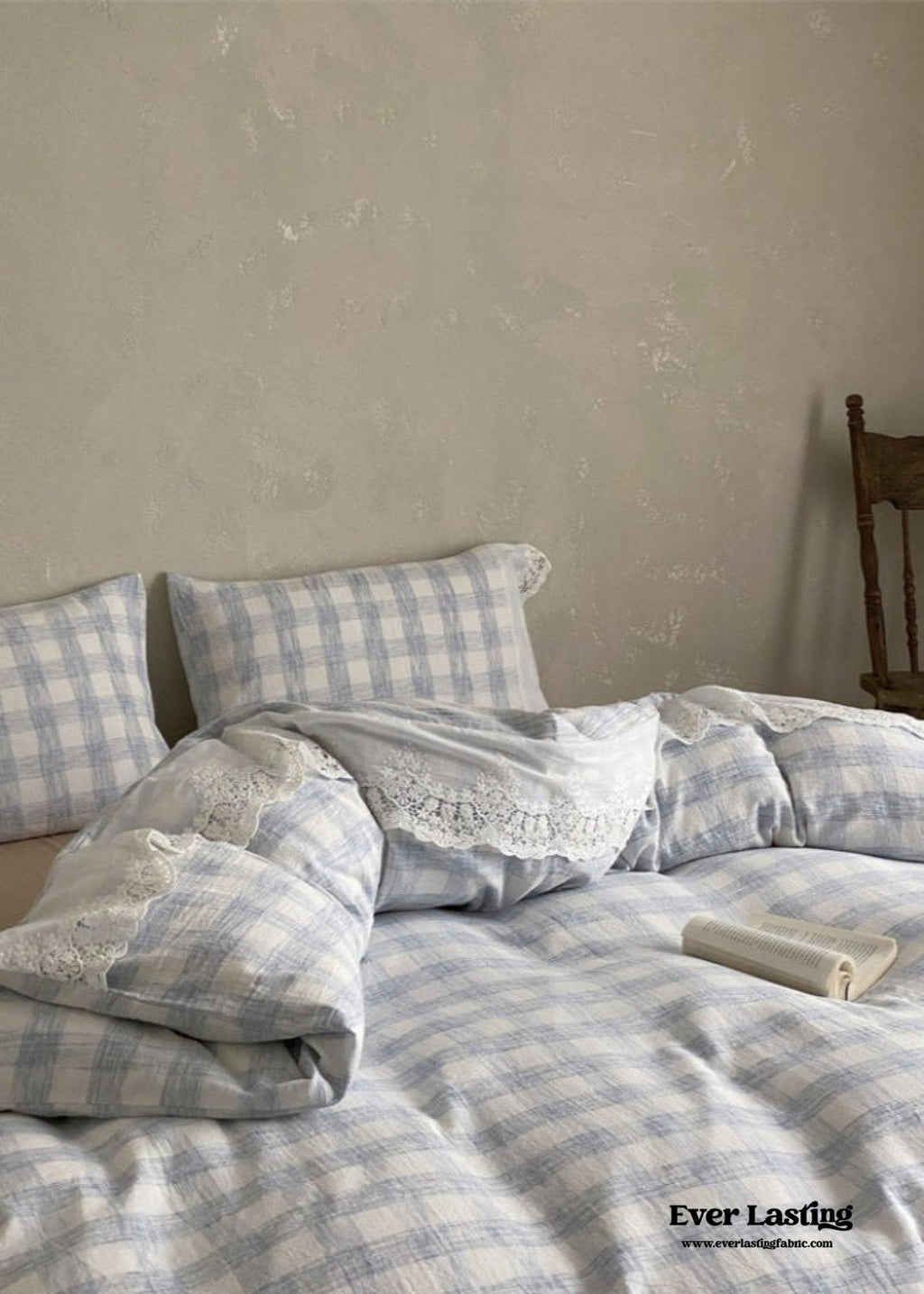 June Lace Double Gauze Gingham Bedding Set / Khaki