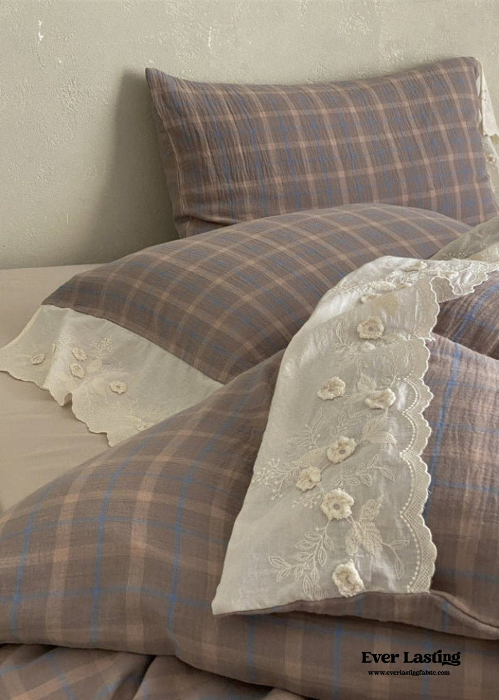 June Lace Double Gauze Gingham Bedding Set / Khaki